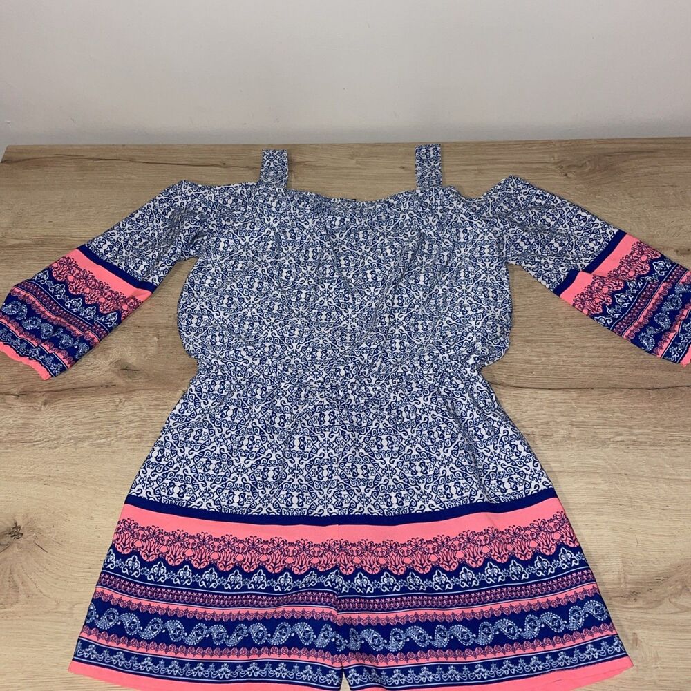 My Michelle Girls Romper L Boho Off Shoulder Paisley Navy Coral Y2K Summer